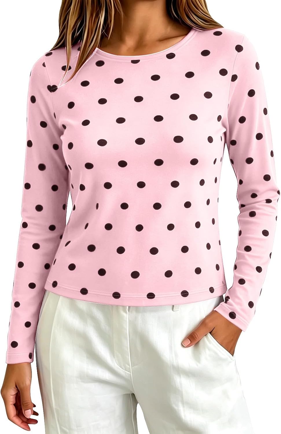 Y2K Polka Dot Crop Top for Women, Vintage Slim Fit Crew Neck Long Sleeve Shirt, Cute Streetwear Going Out Blouse