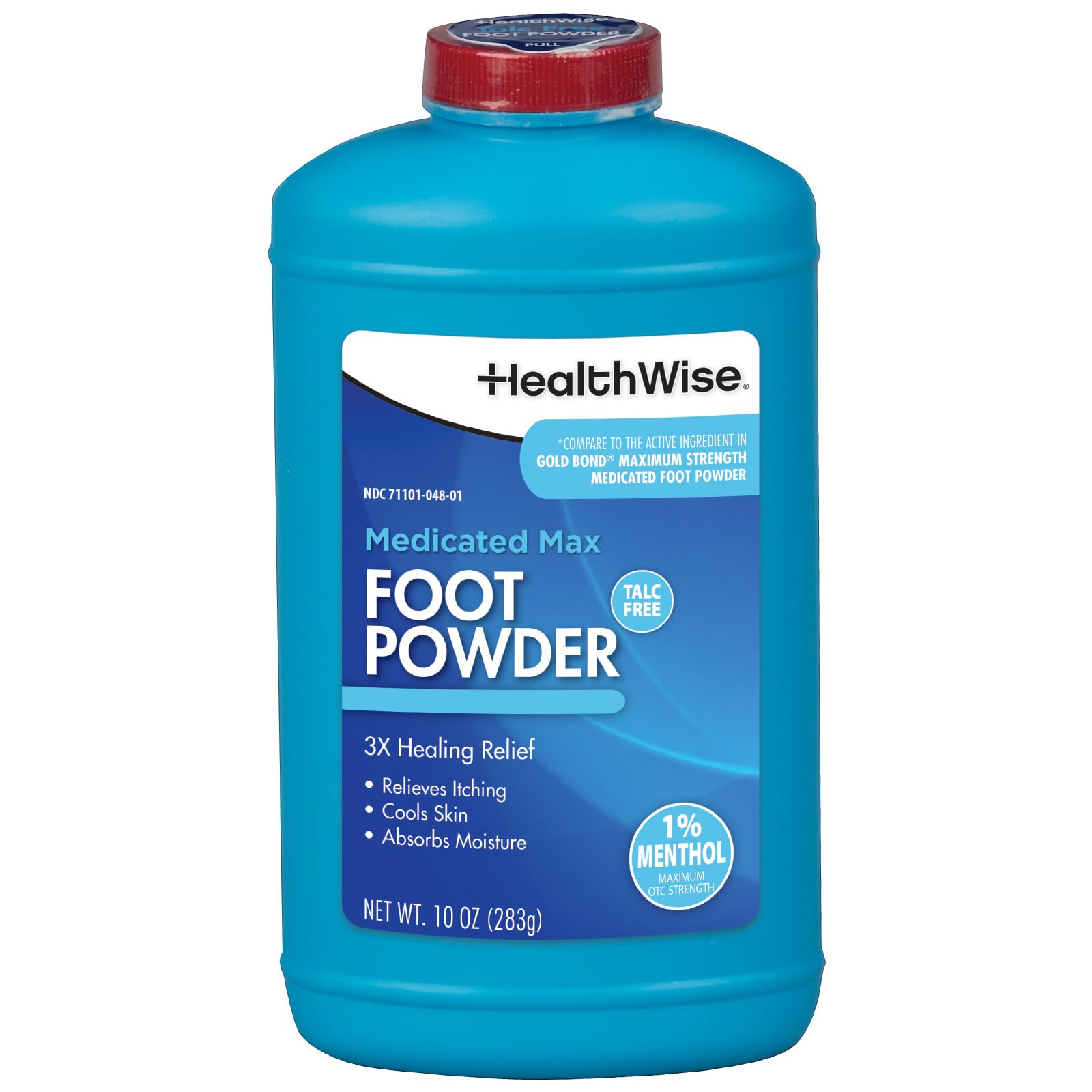 Talco para pies medicado HealthWise de máxima potencia | 1 % de mentol | Sin talco | Alivio curativo y antipicazón | Refresca la piel | Absorbe la humedad | 283 g (10 oz)