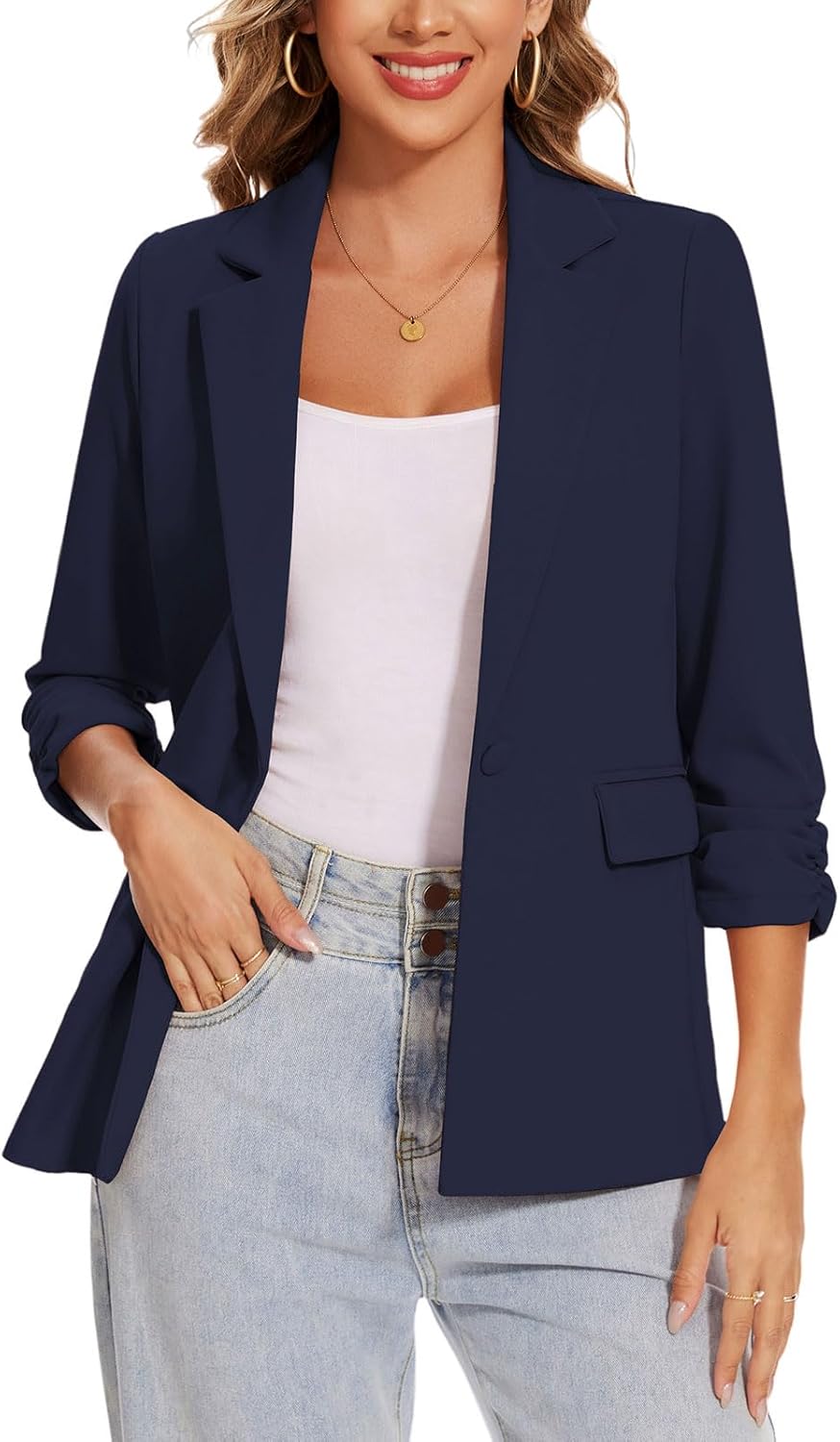 MINTLIMIT Women's Summer Blazers Casual Ruched 3/4 Sleeve Open Front Office Blazers Bussiness Jackets Work Suit (Navy, Size S)