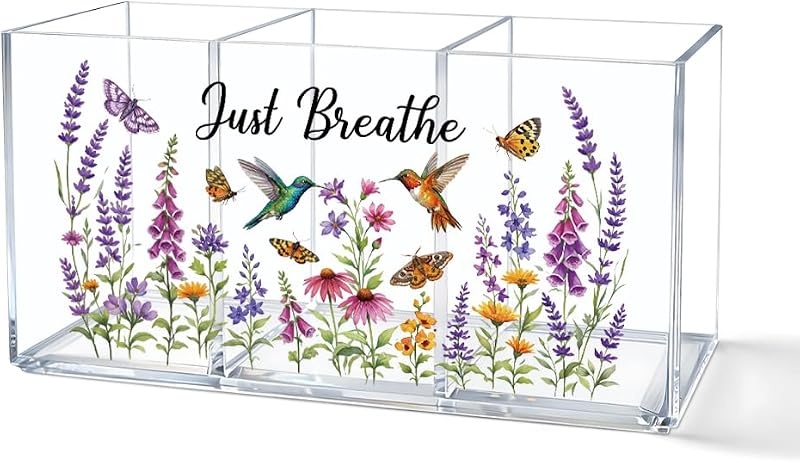 Organizador de mesa em acrílico transparente JQYCJTR com 3 compartimentos, estampa floral de beija-flor