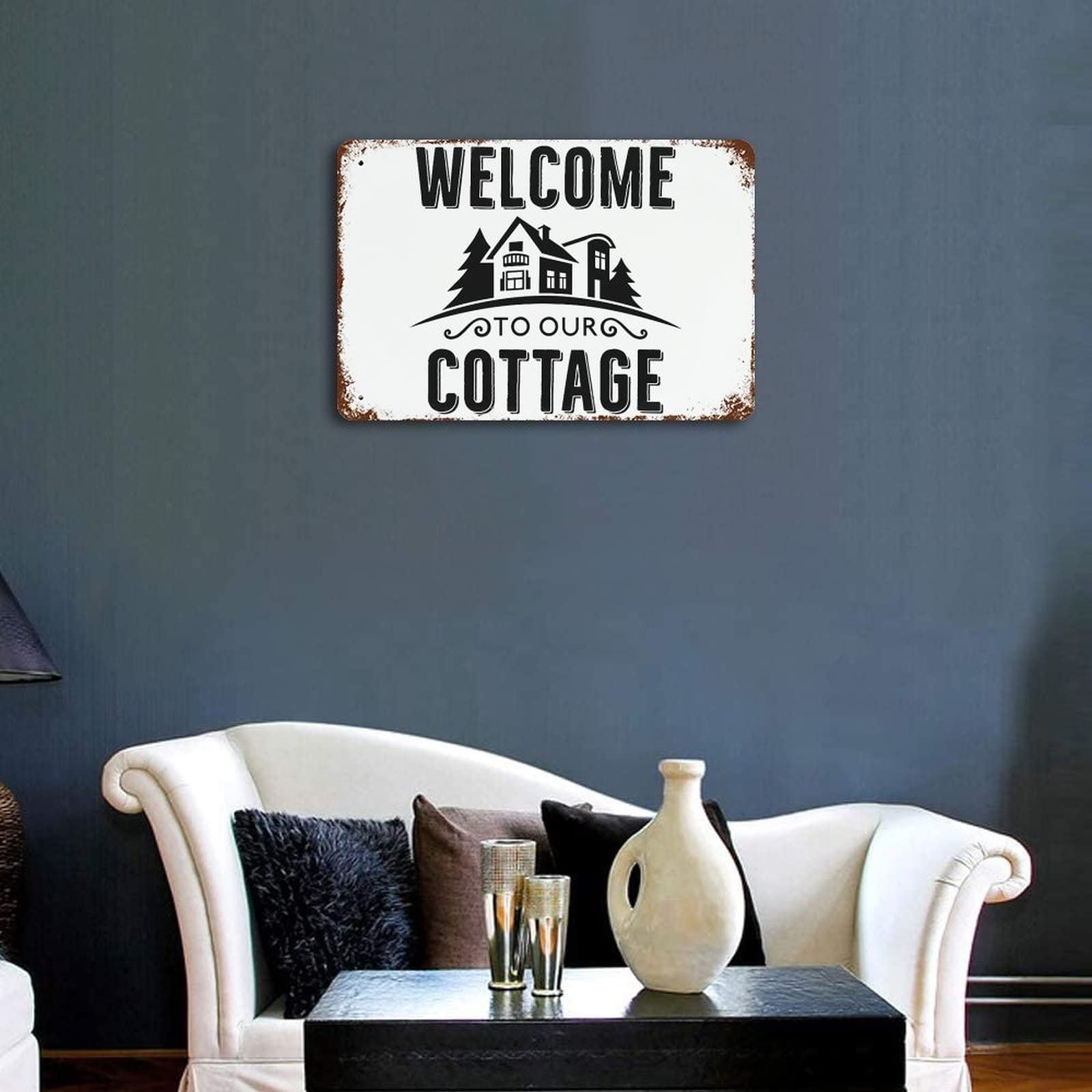 Welcome to Our Cottage - Targa in alluminio con scritta Inspirational Saying Vintage, per casa, pub, uomo, grotta, giardino, 25,4 x 35,6 cm