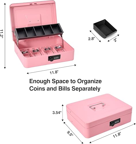 Miniatura 6 de Caja de dinero grande con cerradura de combinación y bandeja de dinero, caja de dinero con bandeja para efectivo, caja fuerte con cerradura para
