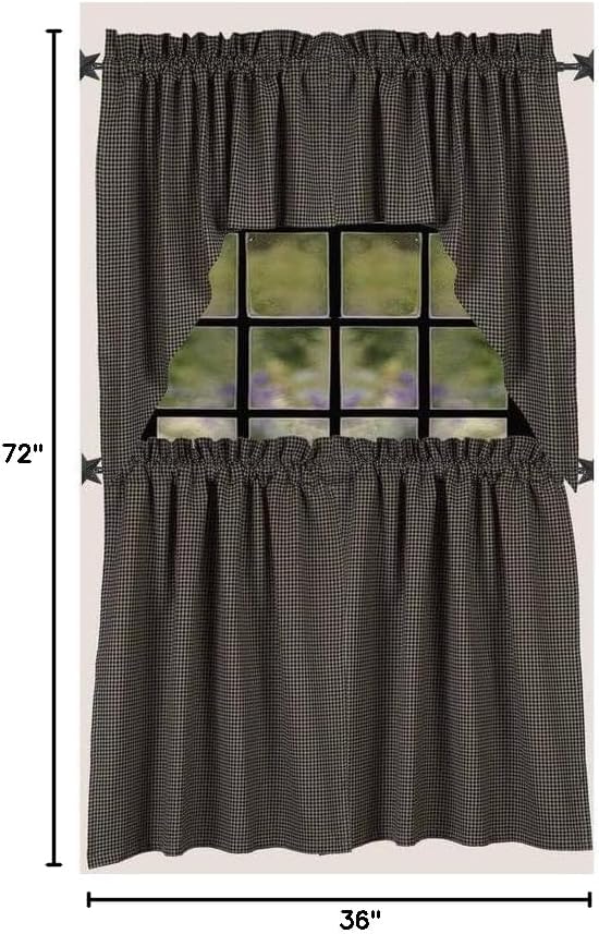 Newbury Gingham Black - Oat Cotton - Rustic Valance for Windows 72" x 36" (2 pcs) Tiers