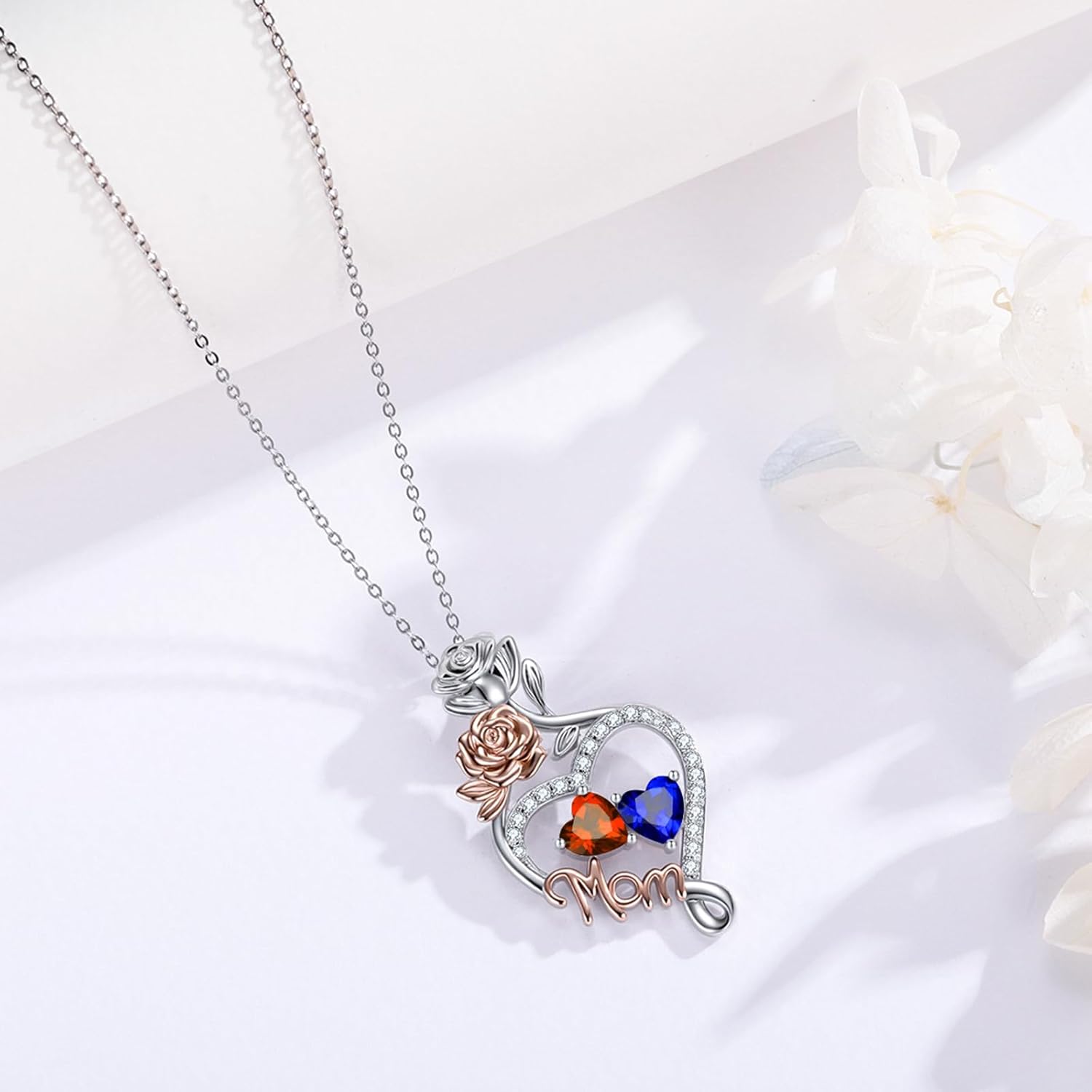 Mom Love Heart Necklace for Women 14K Rose Gold/White Gold Filled Double Birthstone Rose Flower Pendant Mother's Day Anniversary Valentine's Day Birthday Christmas Gifts for Grandmother Wife Her Mom - Image 5