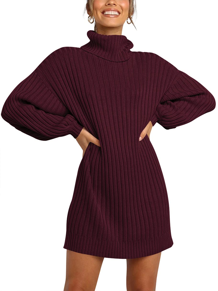 ANRABESS Women Oversized Sweater Dress Turtleneck Batwing Long Sleeve Ribbed Knit Loose 2025 Fall Winter Casual Short Dress