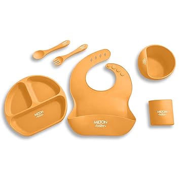 Silicone Feeding Set of 6 I Strong Suction Base with Release Tab I 100% Food Grade-BPA Free I Flat Base Tumbler I No Mess I Adjustable Fit Bib I Soft Spoon I Orange