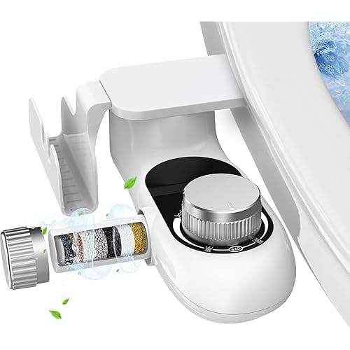 Bidet Attachment for Toilet with Filters, Non-Electric Self Cleaning Dual Nozzle(Frontal/Rear Wash) for Bidet Toilet Seat, Adjustable Water Pressure, Multi-Stage Water Softener Filters for Hard Water