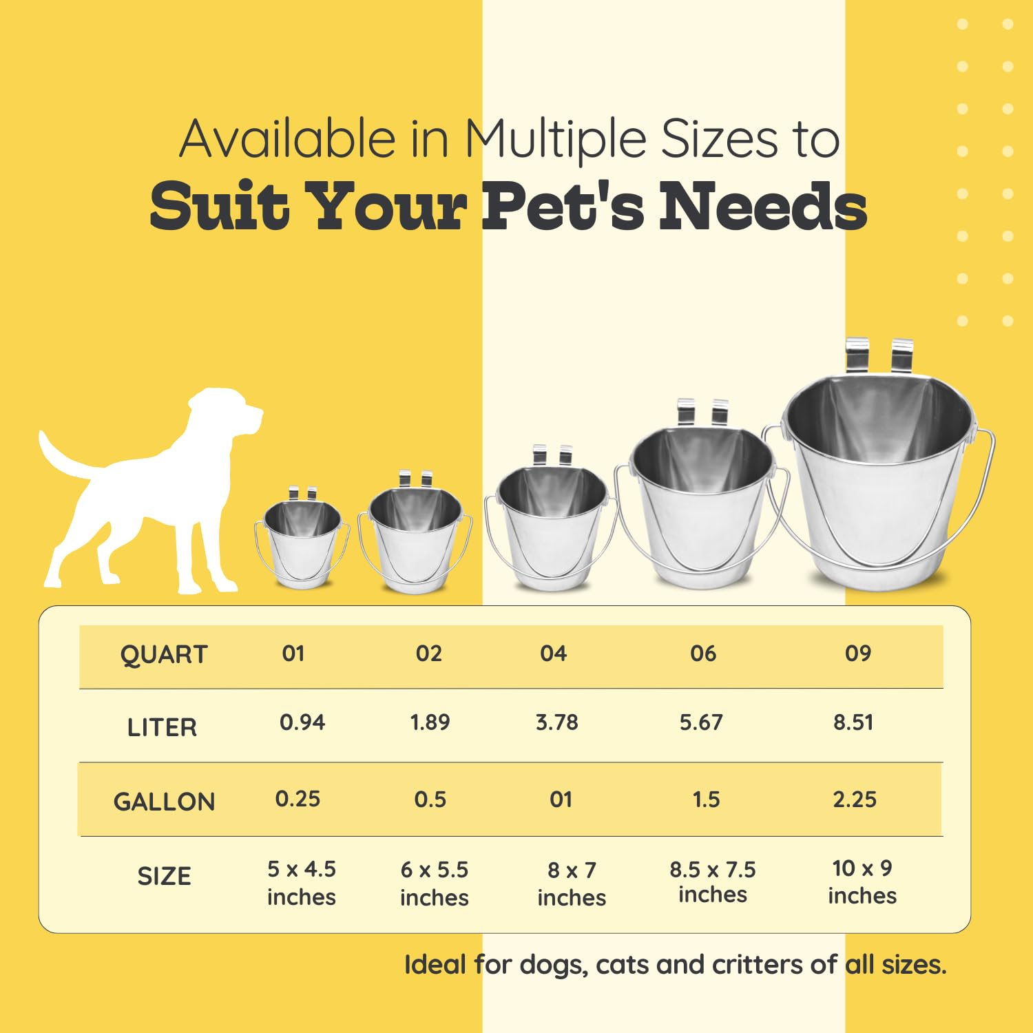 Cubetas de acero inoxidable de 6 cuartos de galón con parte trasera plana para perros, ganchos dobles para colgar alimentos y agua, perros, caballo, perreras, jaulas y cajas de criaturas