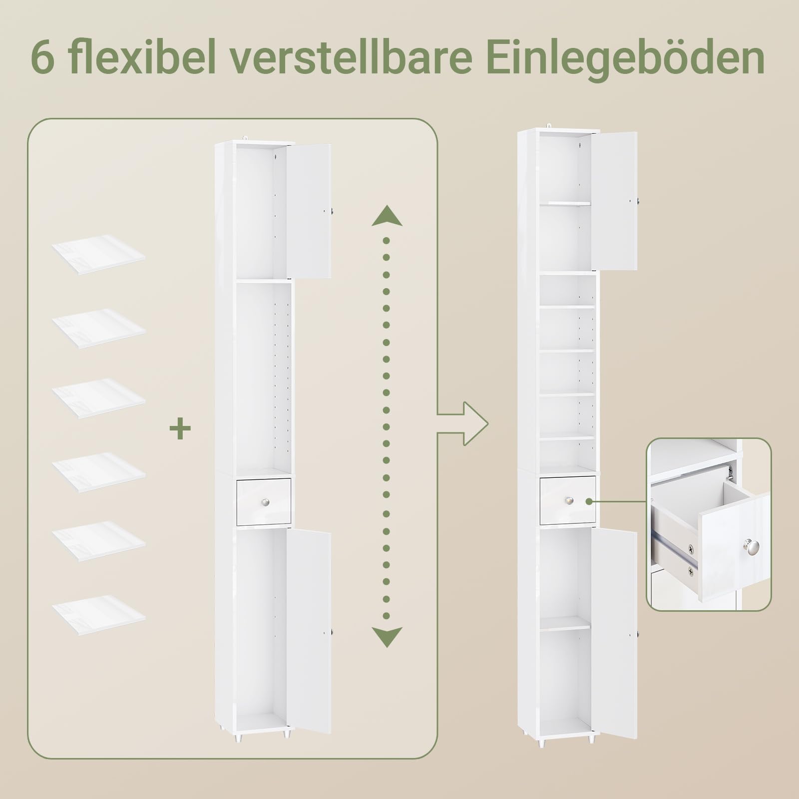 SoBuy Hochglanz Badezimmerschrank Schmal Hochschrank Bad 20x20x180 cm Weiß | Platzsparender Nischenschrank Badezimmer mit Verstellbarem Boden & Schublade BZR167-GW