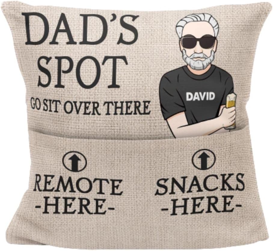 Dad's Spot - Personalized Pocket Pillow, Gifts for Dad from Daughter Wife Son, 2-Pocket Dad’s Spot Throw Pillow Covers + Keychain Bottle Opener, Birthday Christmas Thanksgiving Day Gifts for Papa