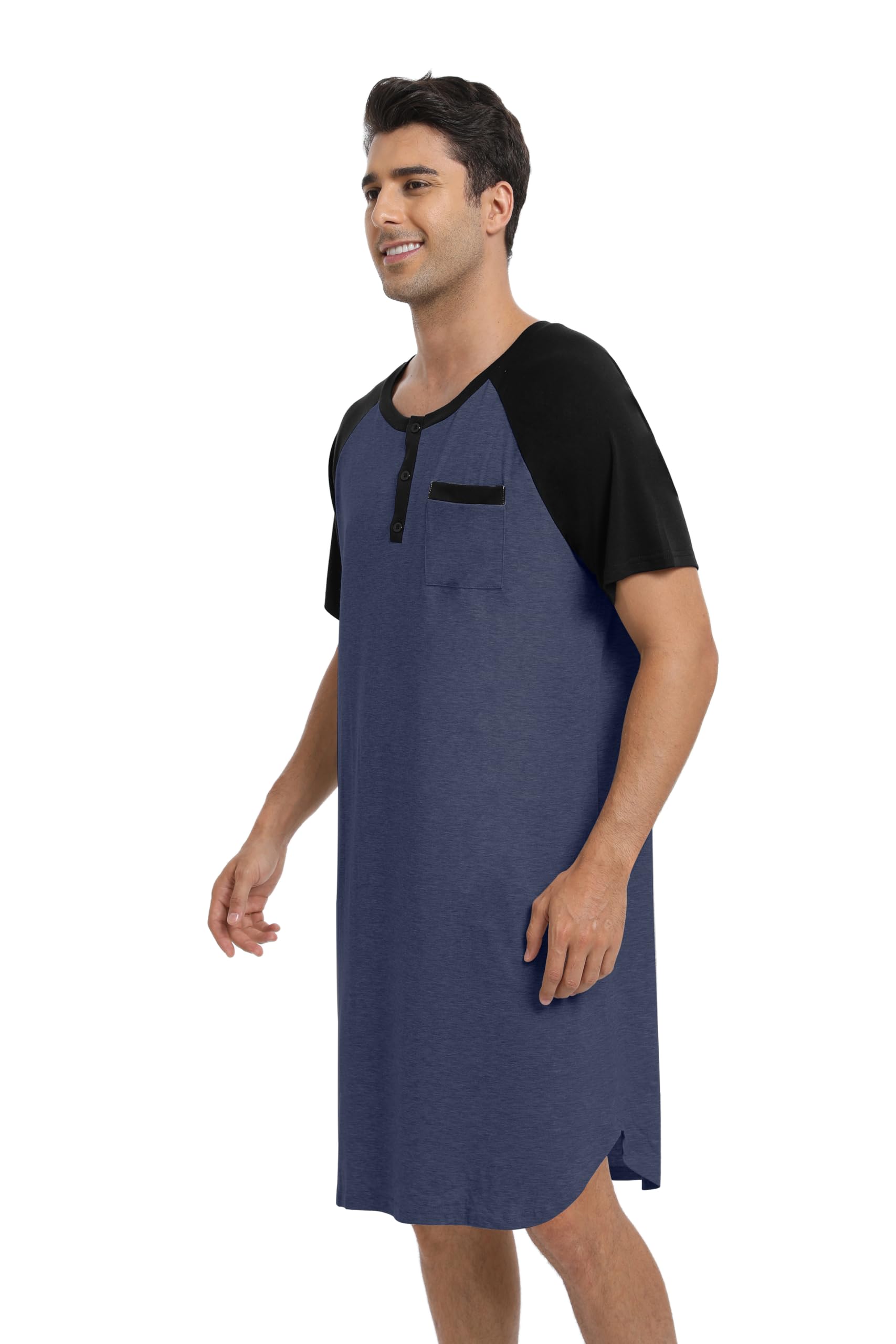 Enjoyoself Camisón Hombre Dormir Camisetas de Pijama Algodón Larga Suave Transpirable Camisa de Noche de Manga Corta Camison Hospital Ropa de Dormir para Descansar