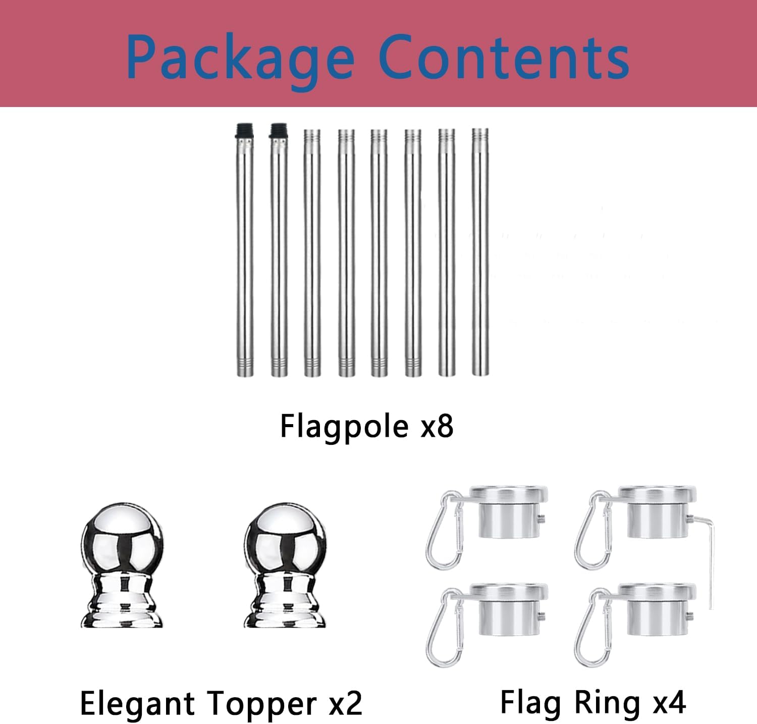 2 Pack No Tangle Flag Pole Kit, 5ft Flag Poles with Tangle Free Aluminum Flag Rings, Stainless Steel 1" Flag Pole for Outside House, Outdoor Silver Flagpole(5 FT, 8 Sections, No Bracket)