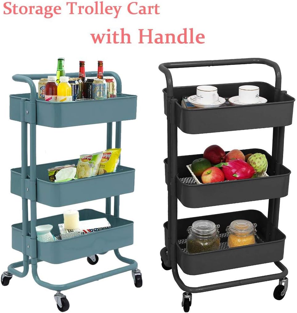 Holaroses All Purpose Shelving,3 Tier Serving Trolley with Handle Metal Mesh Storage Units Rolling Storage Utility Organization Cart for Kitchen & Bathroom,45 * 35 * 79cm (Black)