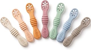 PandaEar 7팩 아기 스푼, 아기 및 유아를 위한 부드러운 실리콘 셀프 수유 식기, BPA 프리 실리콘 1단계 트레이닝 스푼, 잡기 쉬운 손잡이 포함