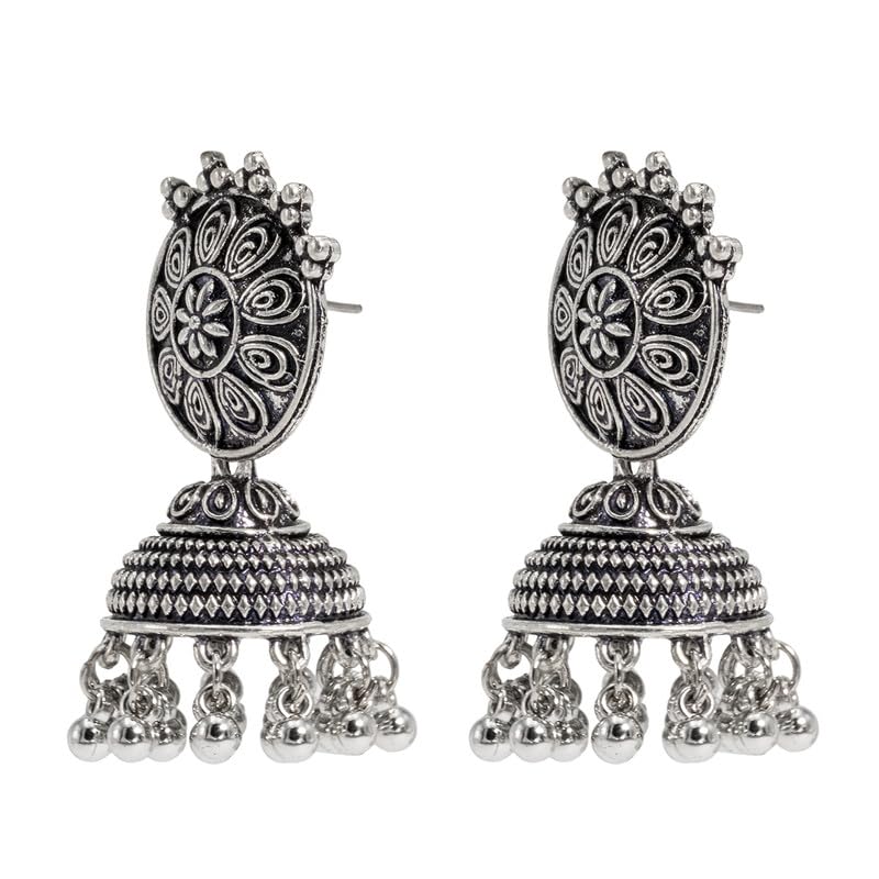 Shining Jewel Traditional Indian Matte Silver Oxidised Studded Jhumka Earring For Women-Silver (SJE_154_S) - Image 4