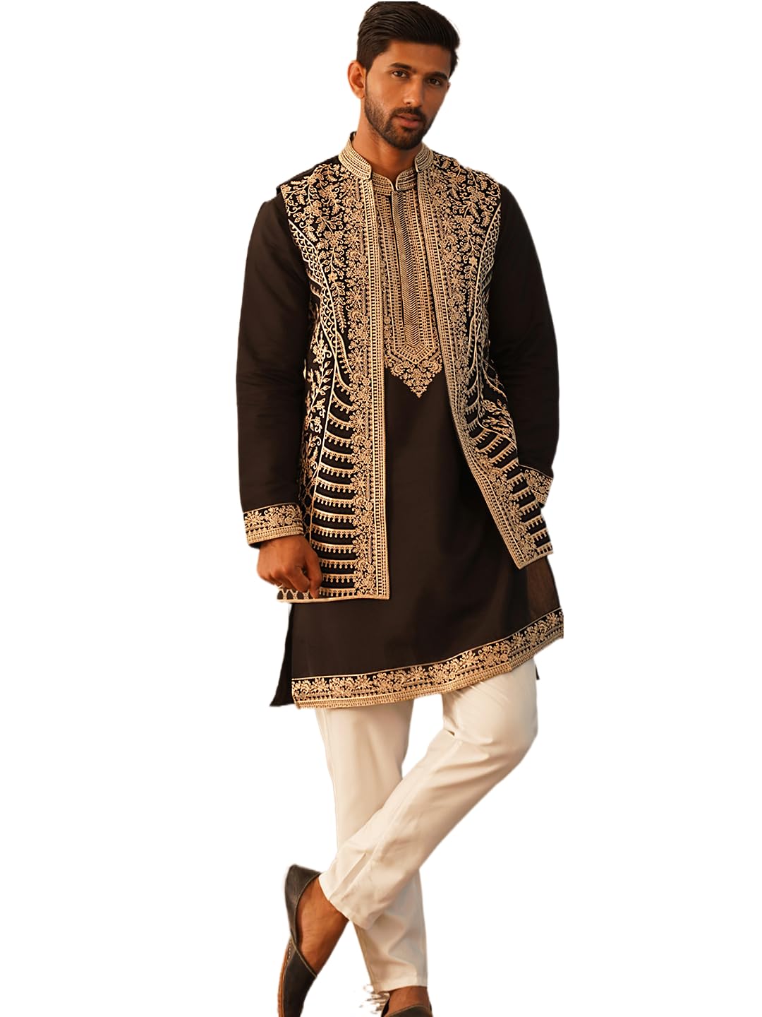 Jompers Men Black Embroidered Waistcoat And Kurta Pyjama (Black, L)