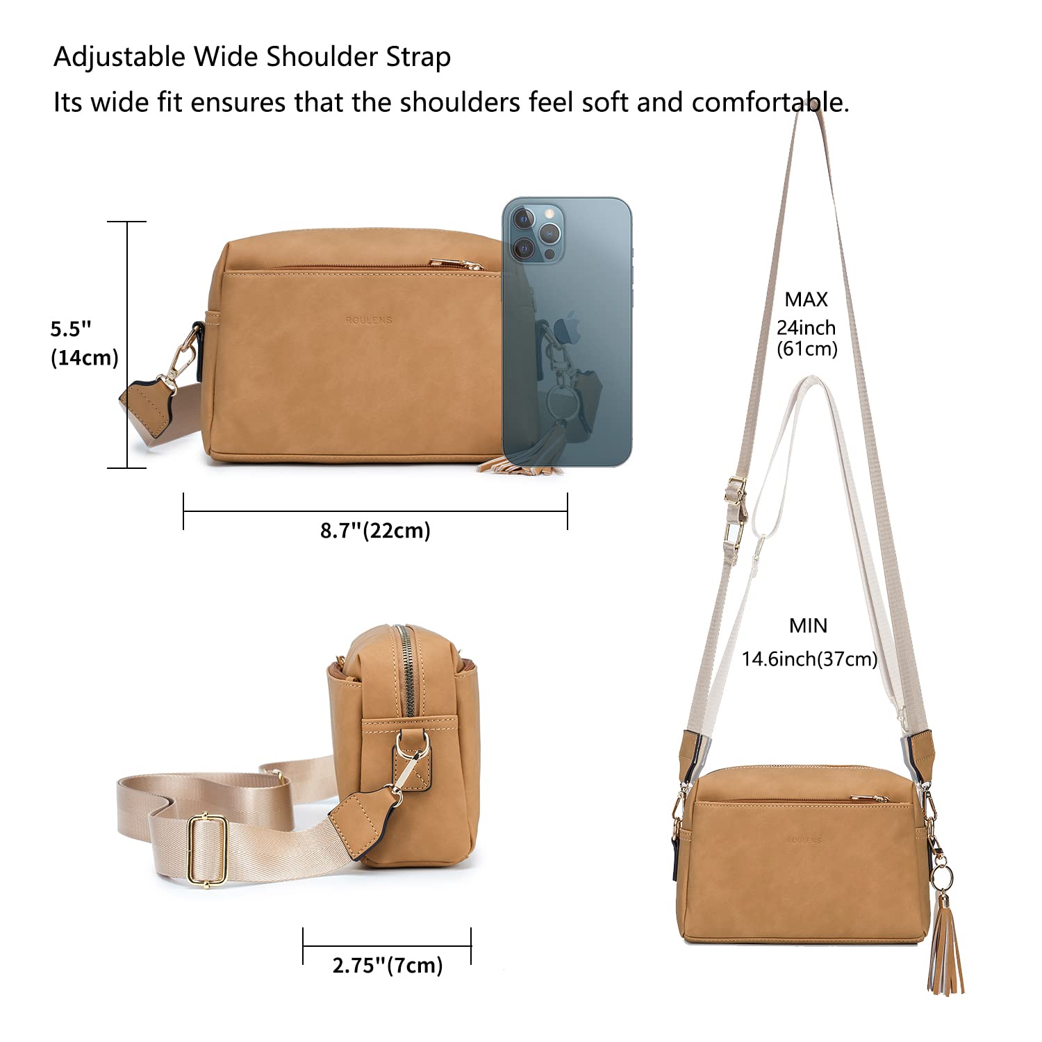Roulens Piccola Borsa a Tracolla Donna con 3 Scomparti Capienti,Borsa Mano PU Pelle Messenger Crossbody Bag,Borsa a Spalla con Tracolla Ampia Regolabile e Rimovibile