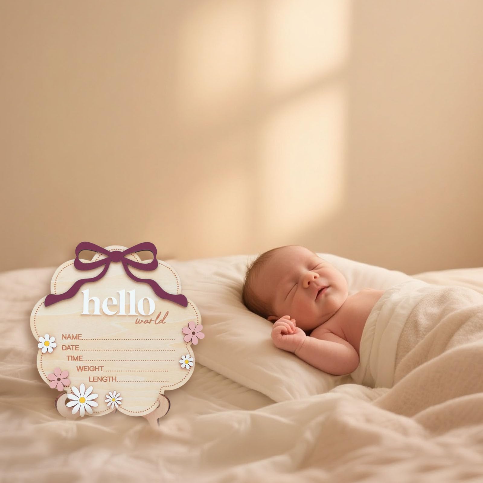 Hello World Wooden Baby Birth Announcement Sign with Pink Bow, Cloud Shape Floral Newborn Name Date Time Weight Length Board, Newborn Girls Boys Photo Prop (Purple) - 4
