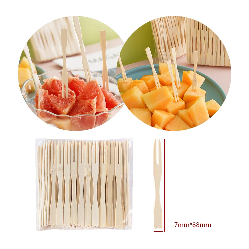 LannuMet 100pcs Mini Bamboo Forks 3.5 Inch Disposable Fork Tiny Bamboo Fruit Picks for Appetizers,Cocktail, Pastry, Dessert