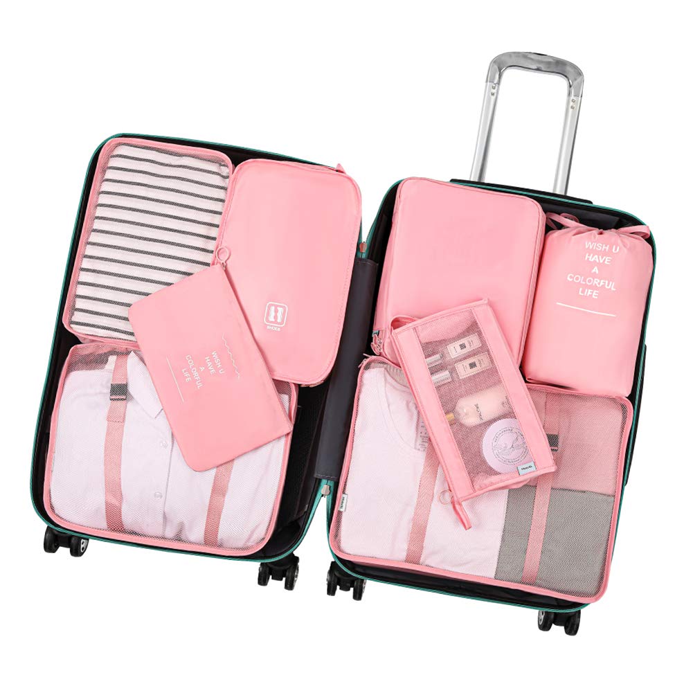 Belsmi - Juego de 8 Cubos de Embalaje con Bolsa para Zapatos - Organizador de Equipaje de Viaje (Rosa)