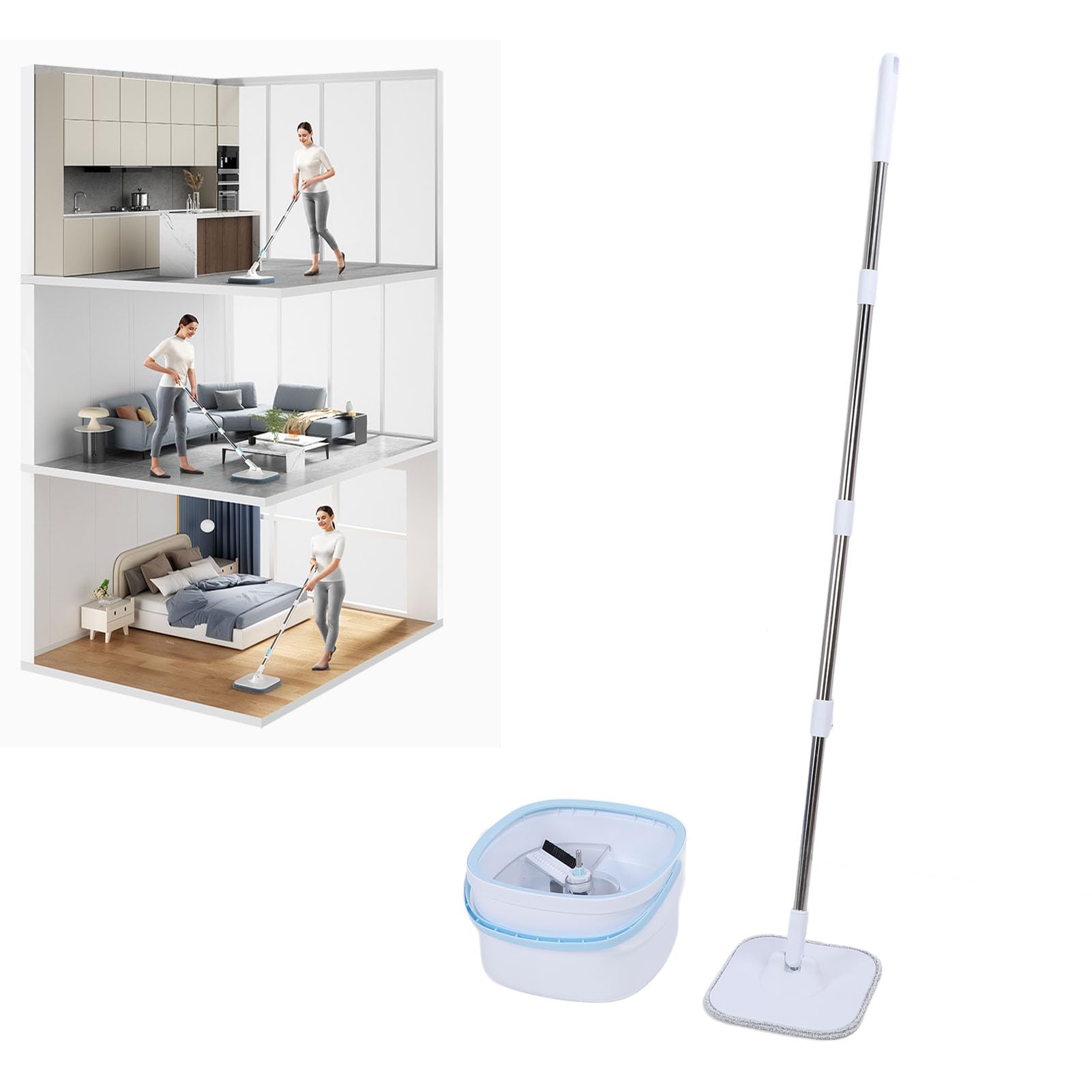 Sxhlseller Juego de Cubos para Fregona Giratoria con Separación Automática |Fregona Cuadrada Giratoria de 360° para Limpieza de Suelos de Baldosas de Madera