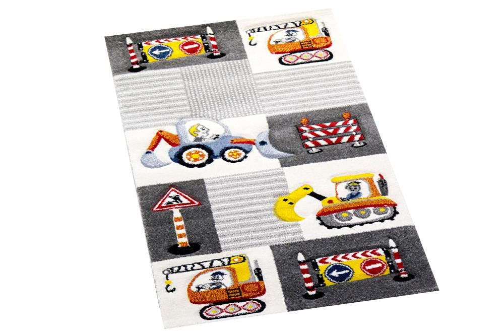 CARPETIA Teppich Kinderzimmer Baustelle schilder Bagger Kran Creme grau gelb Größe 200 x 290 cm