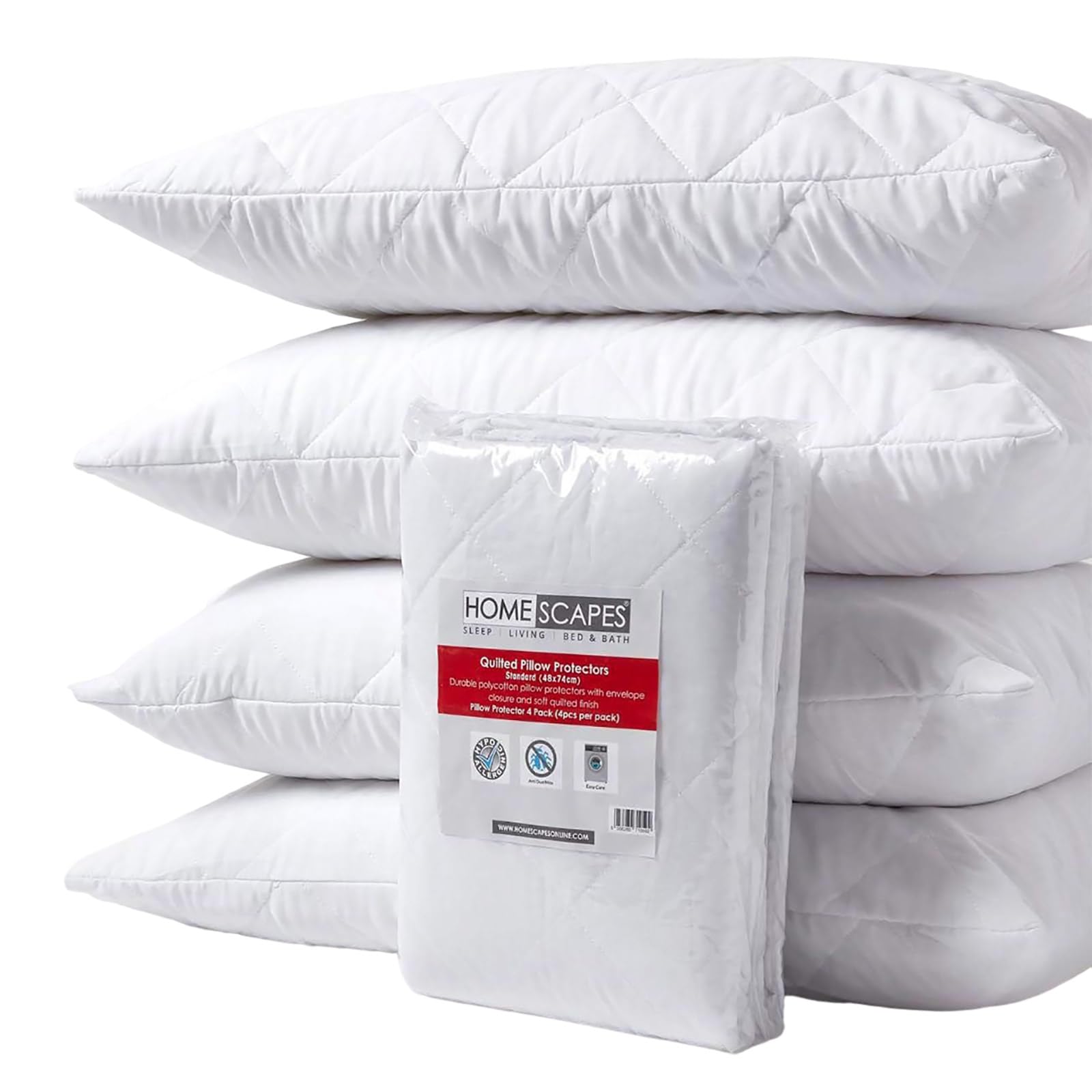 HOMESCAPES Pillow Protectors 4 Pack Quilted Top Pillow Covers Super Soft Hypoallergenic and Anti-Dust Mite Protectors with Diamond Quilting 48 x 74 cm