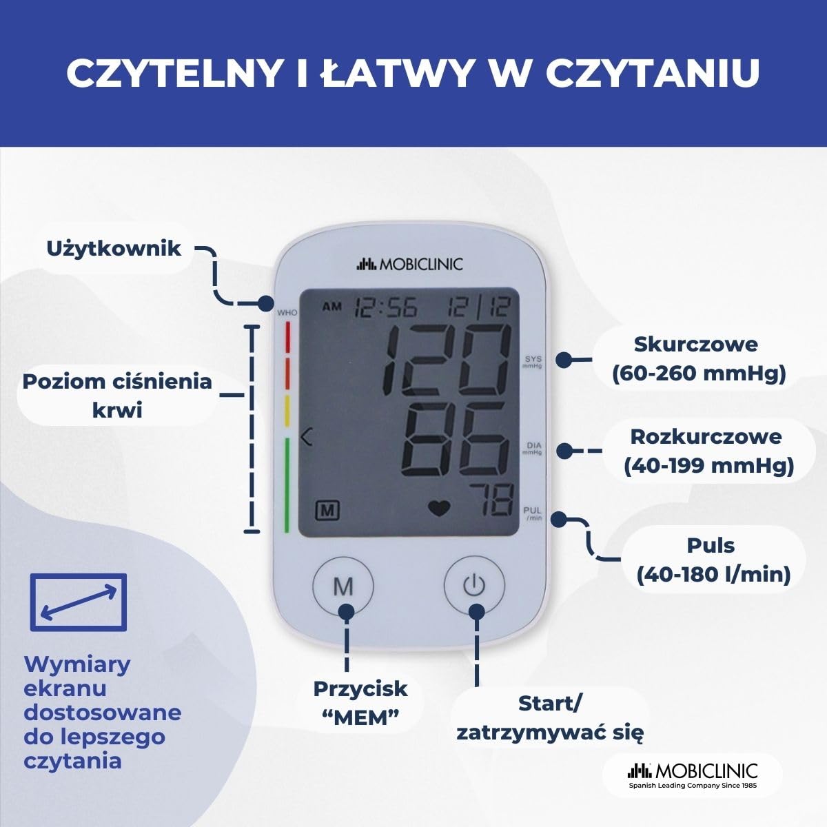 Mobiclinic, Automatyczny cyfrowy ciśnieniomierz naramienny, Z wyświetlaczem lcd, Mankietem, Wykrywaniem nieregularności pracy serca, 4×30 pomiarów pamięcią, Tx-01