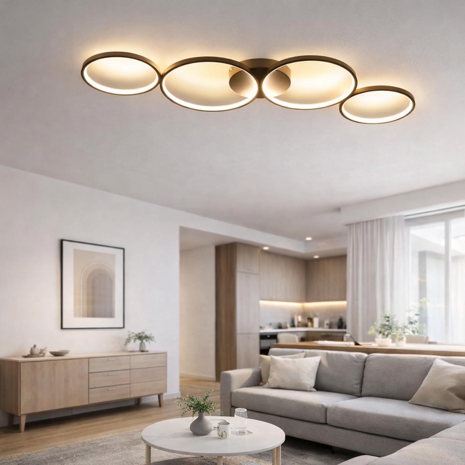 GBLY Lampa sufitowa LED nowoczesna 4 płomienie w optyce pierścieniowej | 3000k biała ciepła lampa sufitowa okrągła 37W wewnętrzna czarna lampa do salonu wykonana - salon przedpokój biuro gabinet