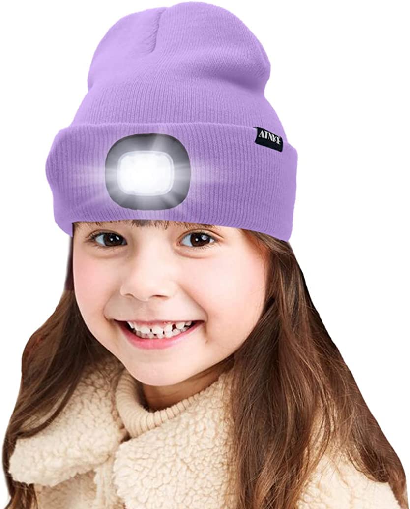 ATNKEKids LED Lighted Beanie Cap, USB Rechargeable 4 LED Headlamp Waterproof Winter Warmer Knit Night Hats with Light for Boys Girls