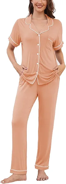 Yoolfine Womens Pajama Set Soft Pjs Short Sleeve Sleepwear with Long Pants 2 Piece Lounge Sets S-XXL