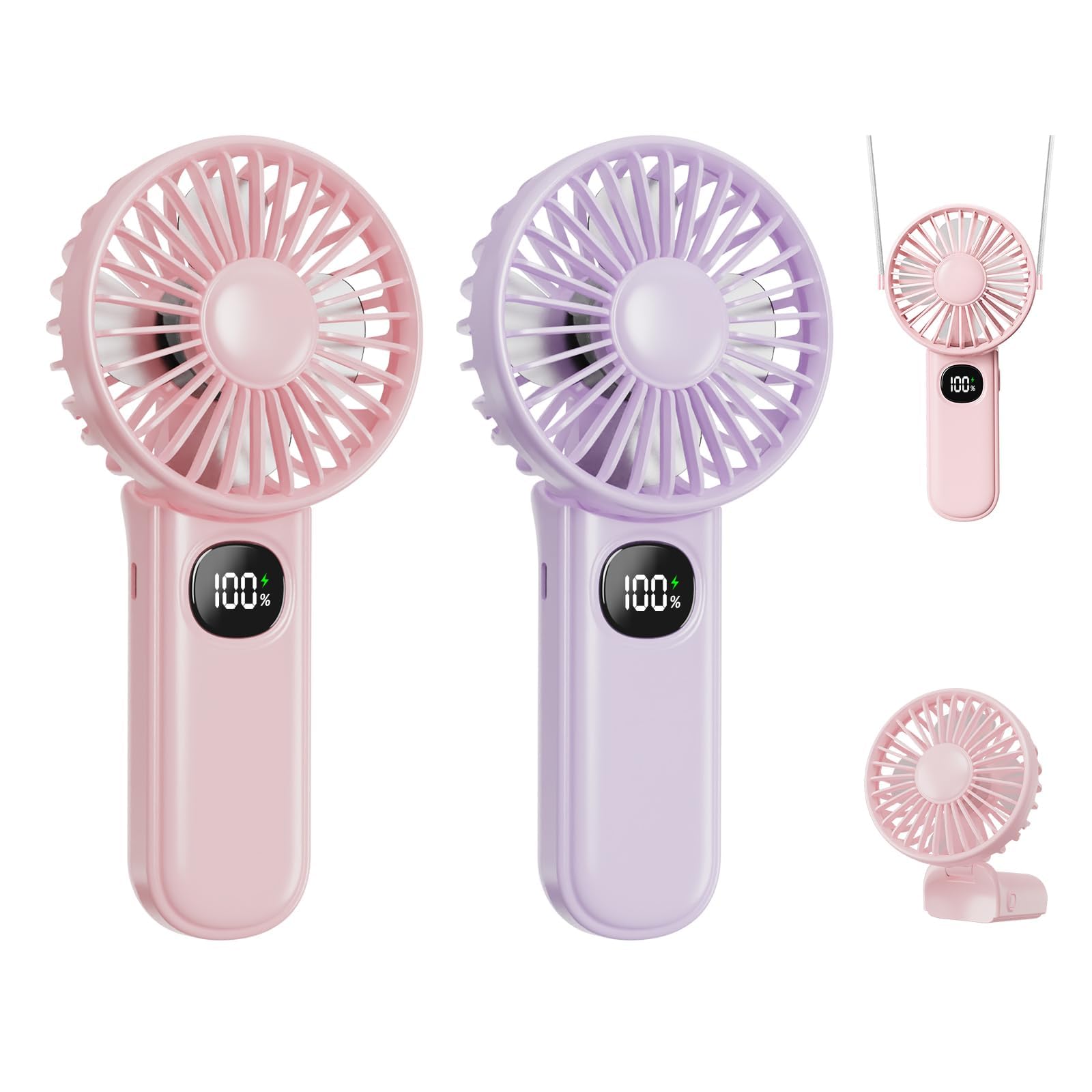 xigmer Portable Fan Rechargeable,Handheld Fans 2-Pack,Mini Fan 5 Adjustable Speeds with Lanyard,Rechargeable Fans 180° Foldable for Makeup,Travel (Pink +Purple)