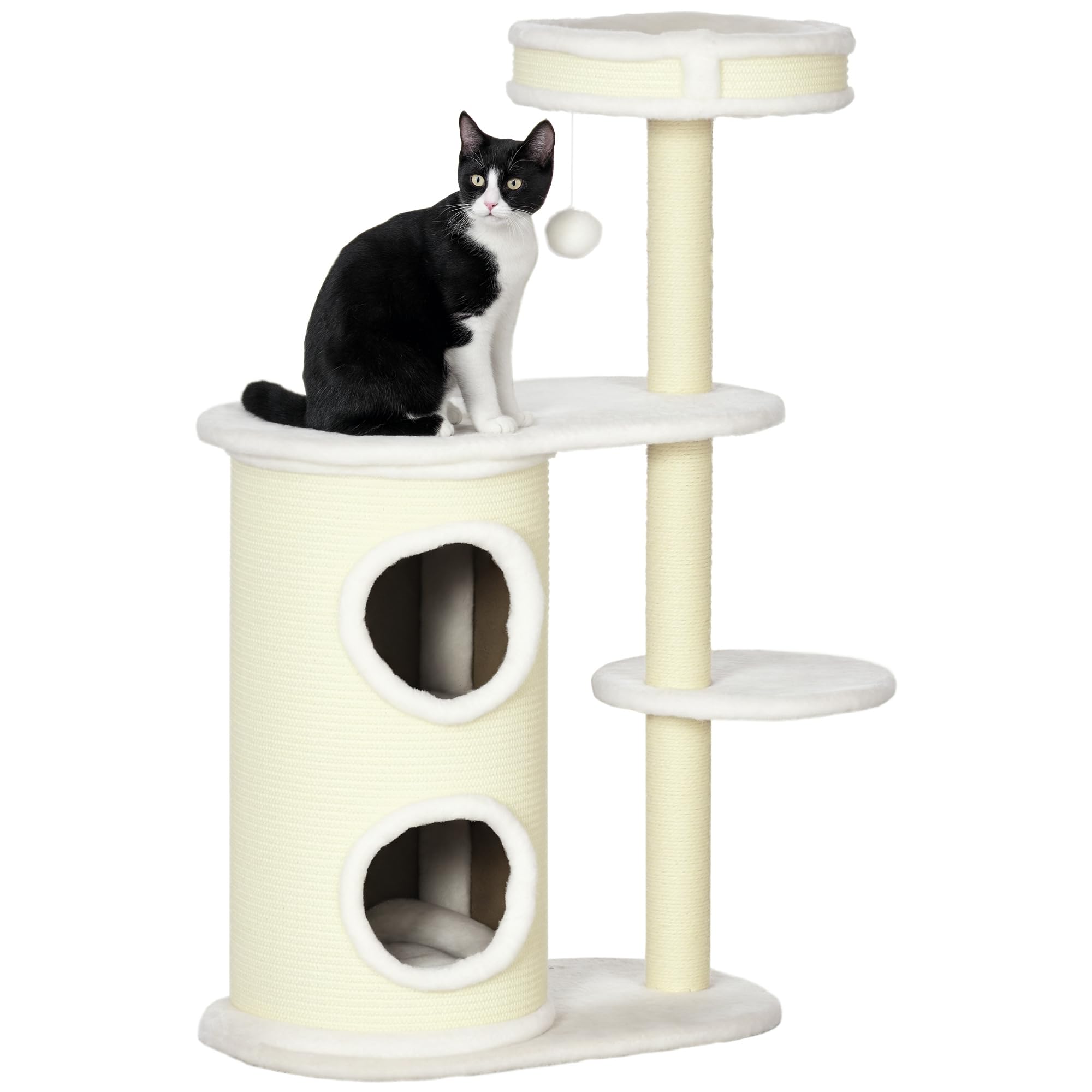PawHut Kratzbaum 100 cm Katzenturm mit Kratztonne, Spielball, Sisalstämme, große Plattform, mehrstöckiger Katzenkratzbaum mit Kissen, Kletterbaum, für Katzen unter 5 kg, Cremeweiß