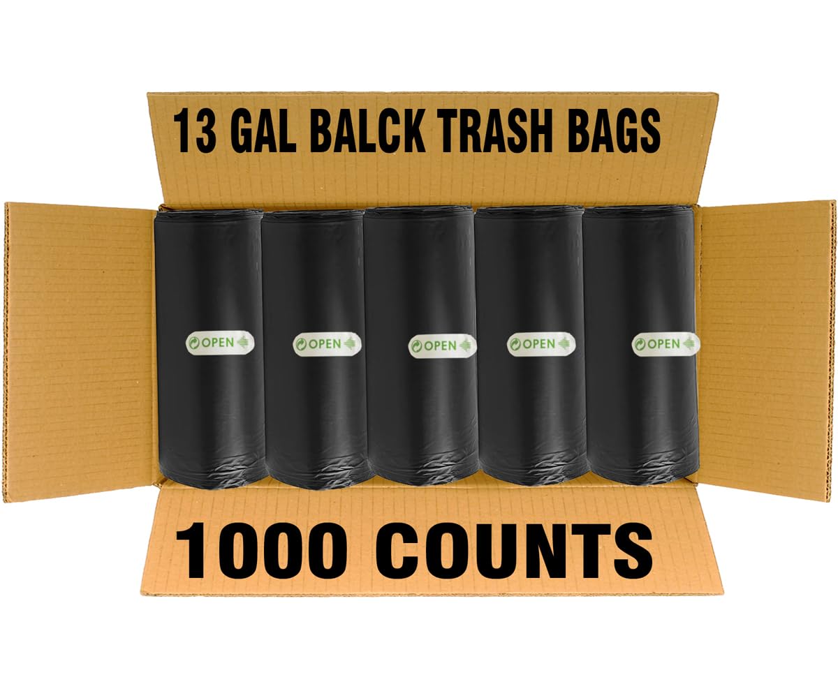 Bolsas de basura de 13 galones, paquete de 1000 unidades a granel, bolsas de basura altas negras para cocina, bolsas de basura multiusos para baño, oficina, industrial, comercial, limpieza, municipal,