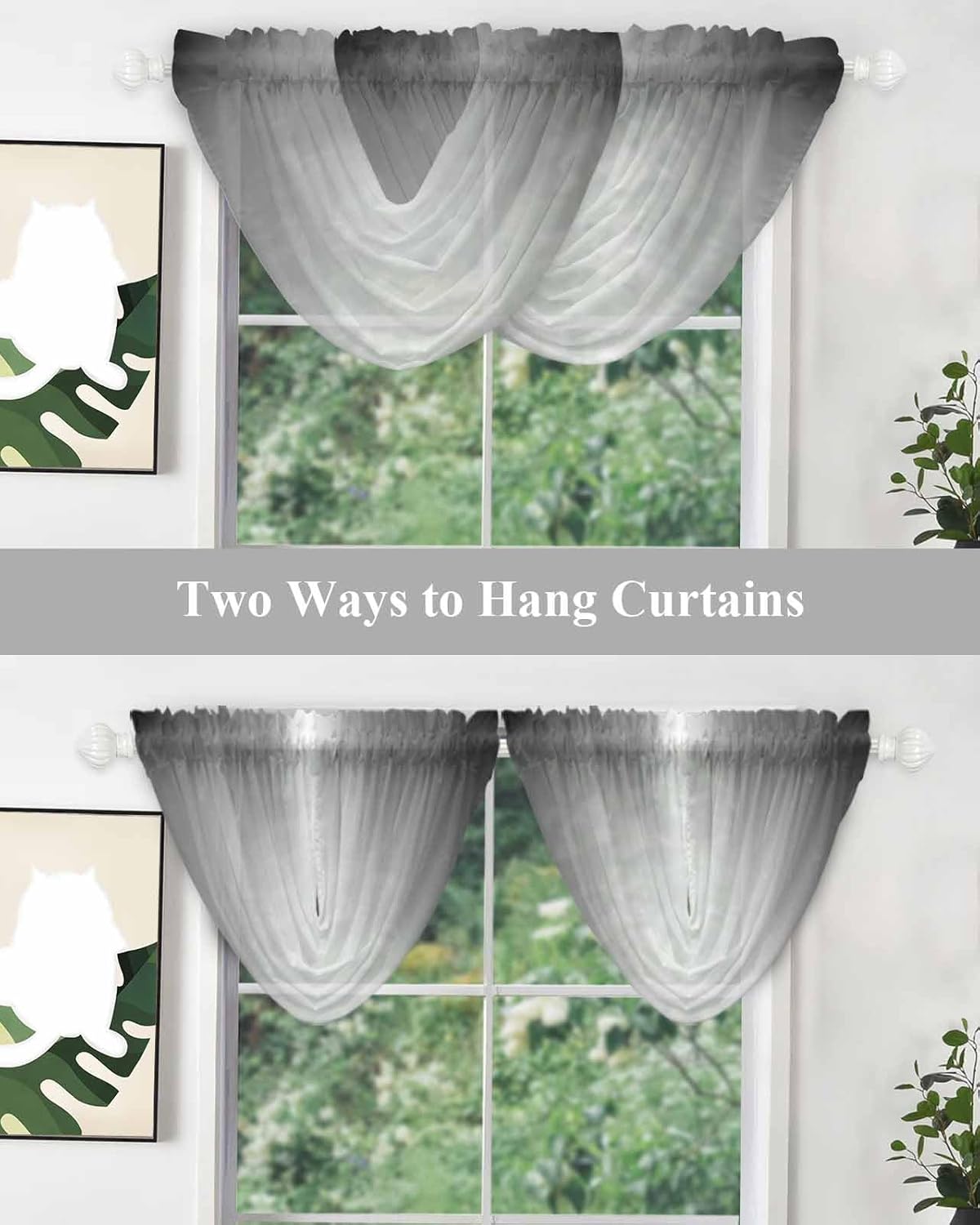 Black Ombre Waterfall Valance for Windows/Living Room/Bedroom, Black White Gradient Sheer Swag Valances Rod Pocket Curtains Abstract Modern Art Kitchen Bathroom Window Treatment 3 Panels 38.5''x47.2''