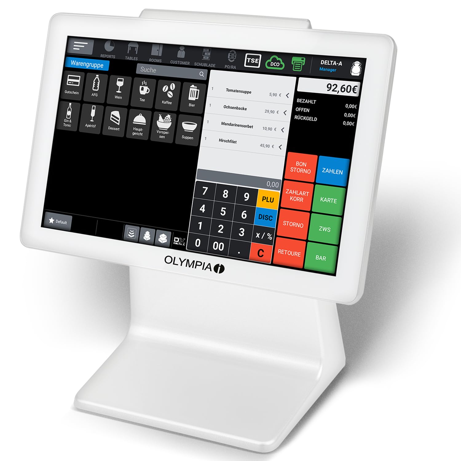 Olympia TS10 Système de caisse à écran tactile pour restauration et vente au détail | Caisse Android avec scanner et affichage client | Caisse enregistreuse avec écran de 10,1" (blanc)