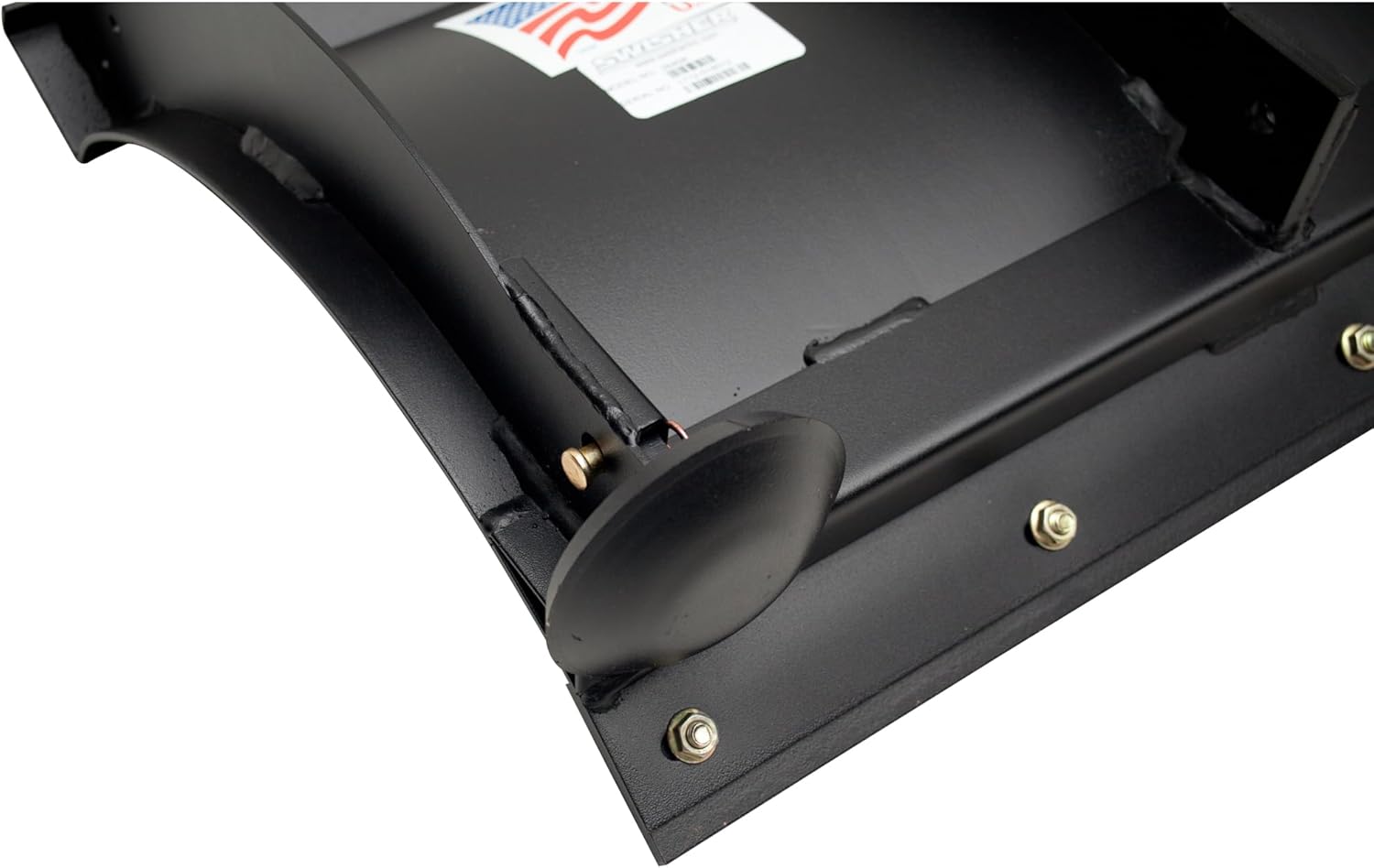 Close-up of the skid shoe and cutting edge on the Swisher ATV Plow Blade