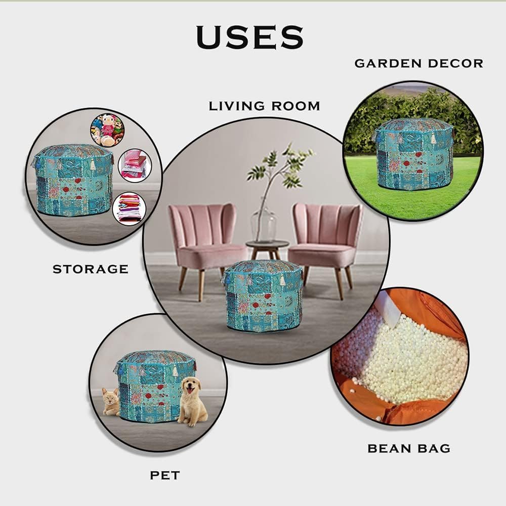 Indian Pouf Footstool Ethnic Embroidered Indian Cotton Round Pouffe Ottoman Pillow Ethnic Decor Art Cover Only (Orange, 14X22 Inch)