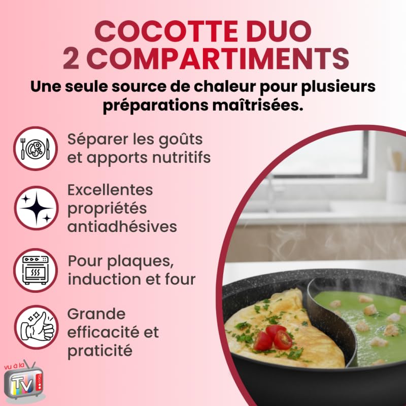 VENTEO KitchenPro Cocotte Double Compartiments 28cm 4L | Cocotte Fonte | Casserole Induction | Cuisson Séparée | Revêtement Antiadhésif | Couvercle Verre Régulation Vapeur | Utilisation Tous Feux Four