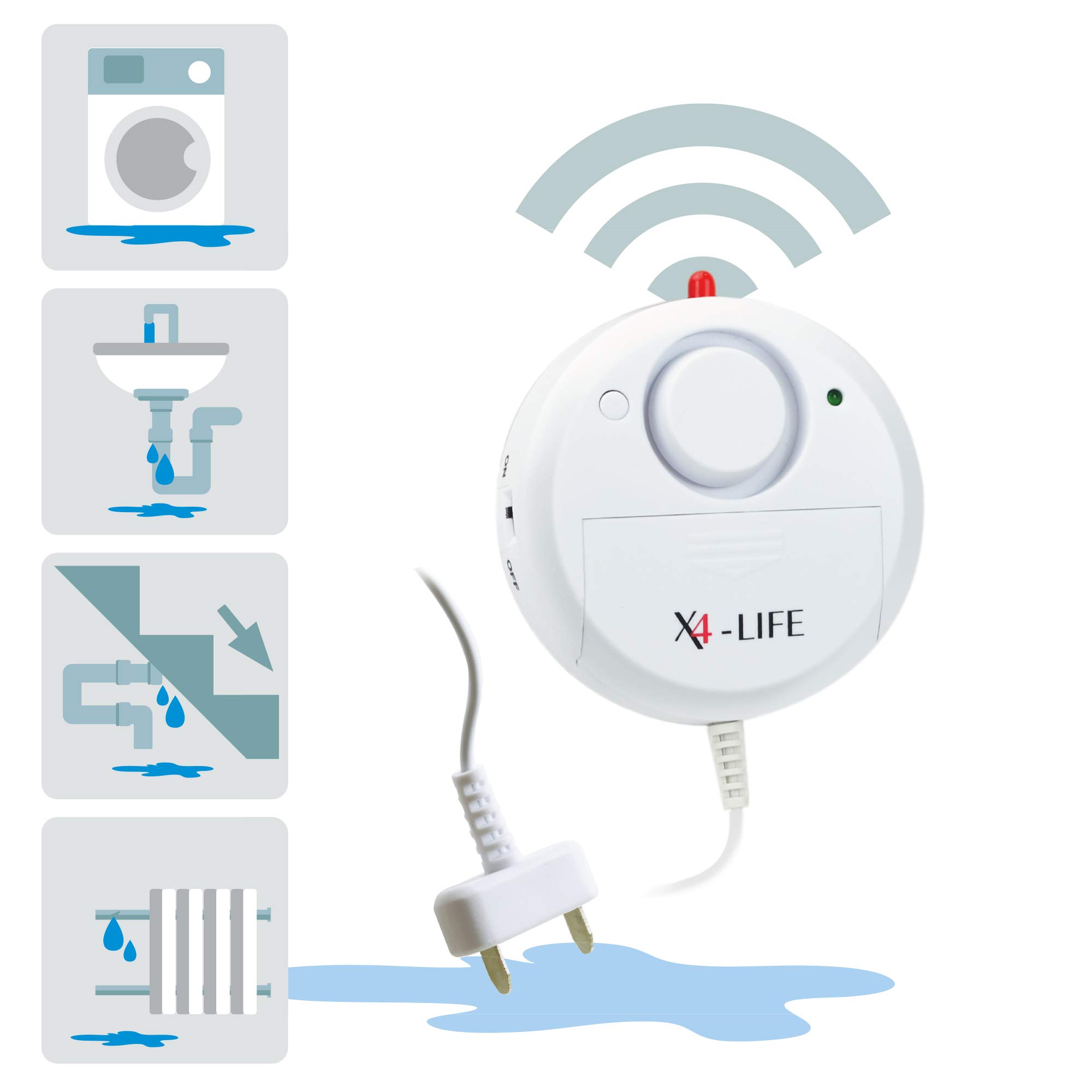 X4-LIFE Wassermelder Alarm Wasseralarm 5X Set - 120dB laut, zum Ankleben, Batteriebetrieben, Kontakt per externem Sensor - z.B. für Keller