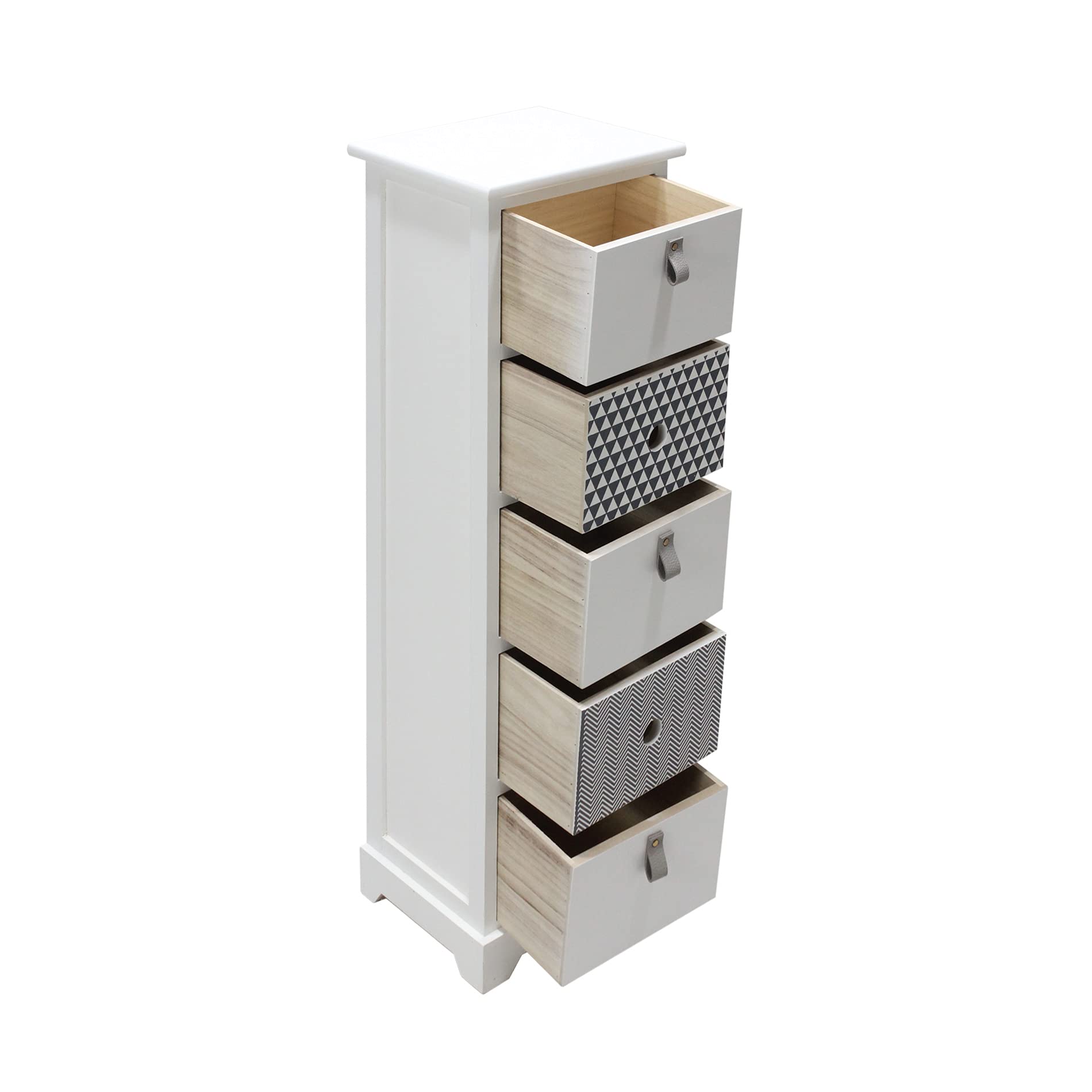 Cassettiera Stretta E Alta 5 Cassetti - Comodino Verticale Sottile In Tessuto Per Piccoli Spazi, Camera Da Letto O Bagno, Colore Bianco