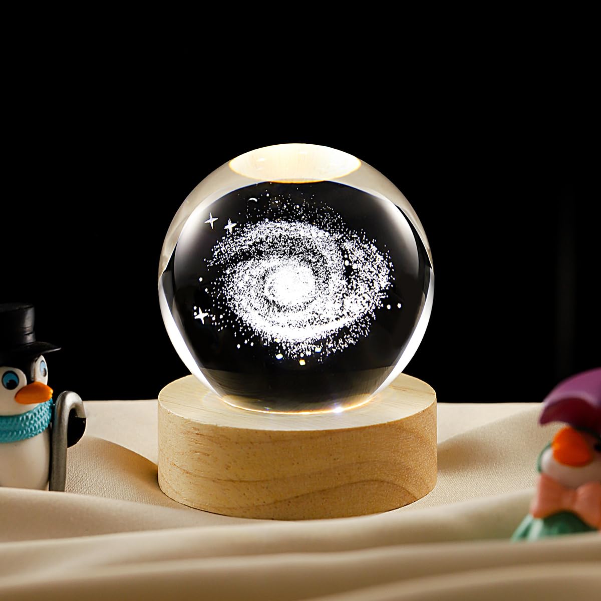 Lámpara de bola de cristal de galaxia 3D con LED regulable y base de madera, luz nocturna para niños, adolescentes y adultos, decoración de escritorio en casa, oficina, dormitorio, regalo de 6