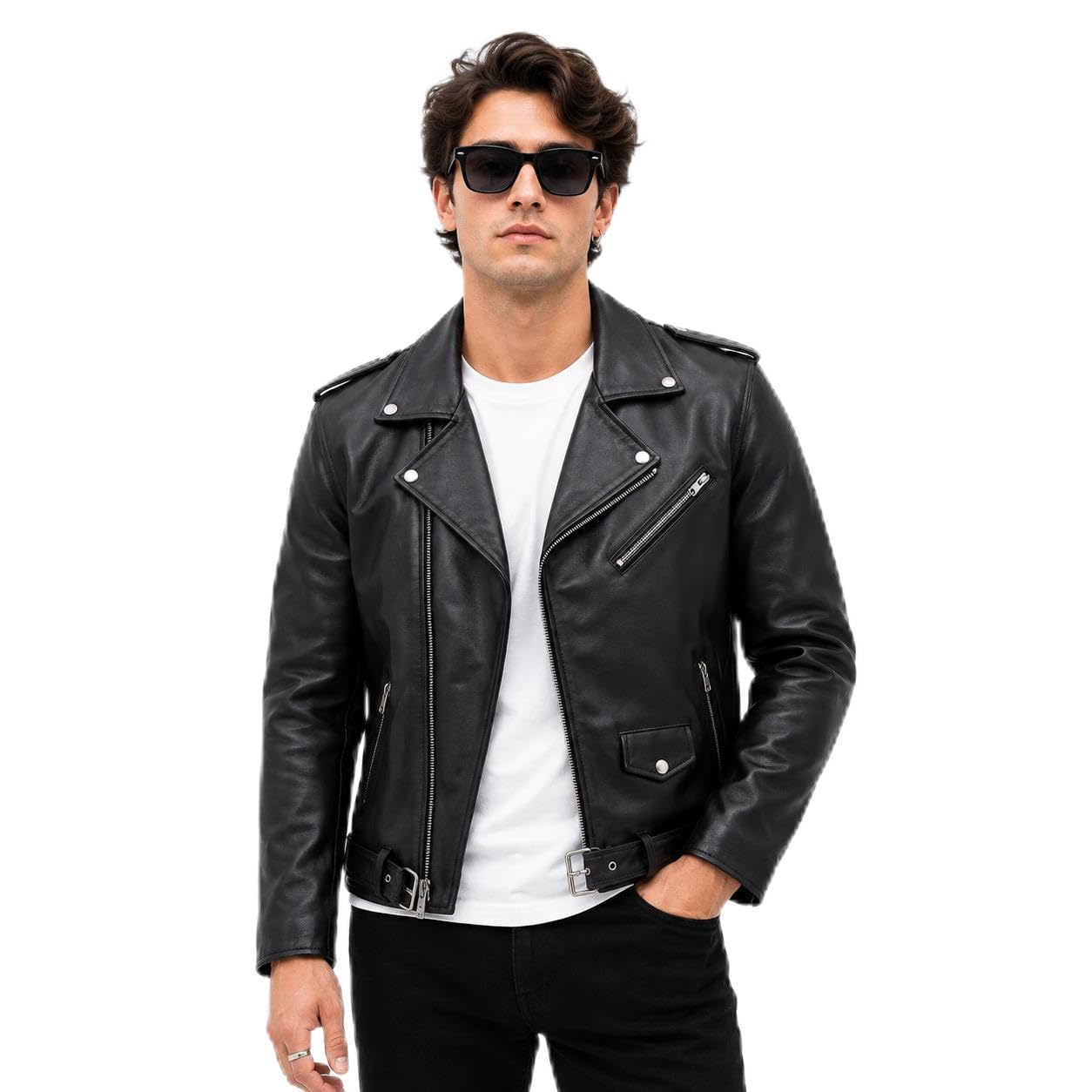 Men's Black Faux Leather Biker Jacket | Slim Fit Motorcycle Jacket with Asymmetrical Zip Closure, Multiple Zipper Pockets, Belted Hem, Long Sleeve Casual Winter Riding Jacket-image-30