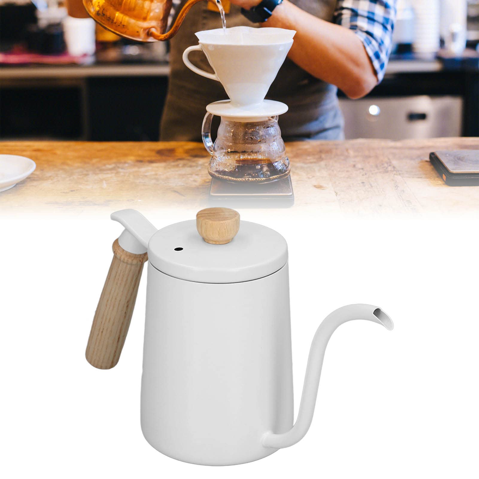 Hervidor de agua de 600 ml para café de filtro, de acero inoxidable 304, con boquilla de cuello de cisne y mango de madera. Hervidor de agua de cuello de cisne para café y otras (Blanca)