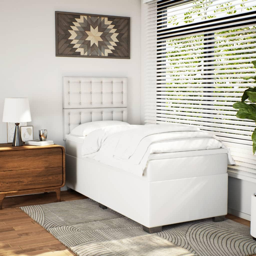 White Faux Leather Box Spring Bed with Pocket Spring Mattress & Topper, regulowana słuchawka, 100 x 200 cm, trwała i łatwa do czyszczenia rama dla optymalnego wsparcia snu