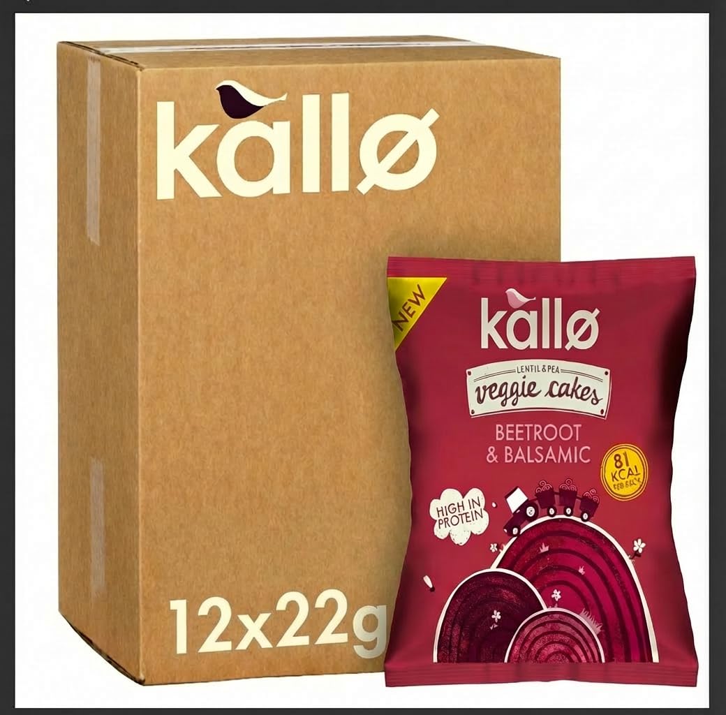 Kallo Beetroot Mini Veggie Cakes, Lentil & Pea Puffed Crackers Made From Plants, Low Fat Healthy Snacks for Adults & Children, Vegan Friendly, Gluten Free, Multipack – 12 x 22g