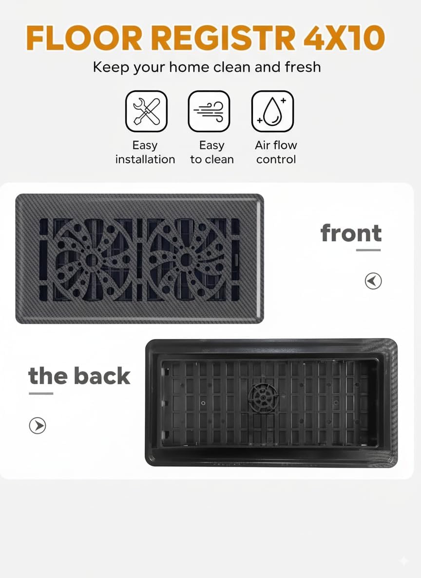 Floor Register 4x10, Floor Vent Covers for Home Floor, Sidewall, Heavy Duty Steel Walkable Floor Grates, Adjustable Air Vent Covers Rust Proof Finish (Carbon Fiber (‎"4 X 10'' 4 Pack))