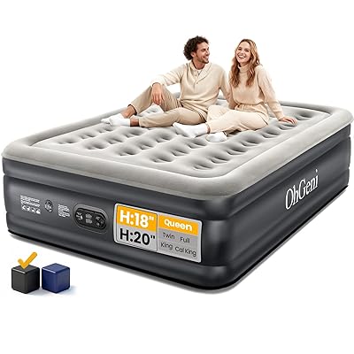 OhGeni Air Mattress Queen with Built in Pump, Inflatable Blow Up Mattress 18 Raised Comfort,Upgraded Surface Portable Mattress, Air Bed for Camping, Home and Guest, Colchone Inflable, 650 lbs Max