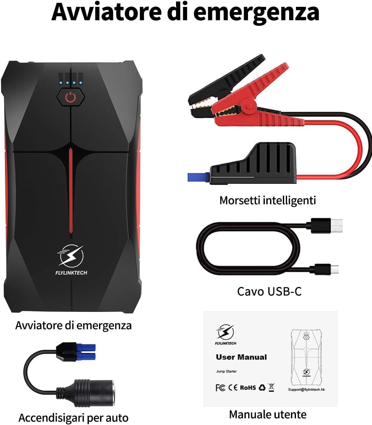 Avviatore Batteria Auto, FLYLINKTECH 4000A Avviatore di Emergenza per Auto/Moto(Fino a 9.0L Benzina/8.5L Diesel) 12V Starter Batteria Portatile Booster Avviamento con Torcia a LED IP67