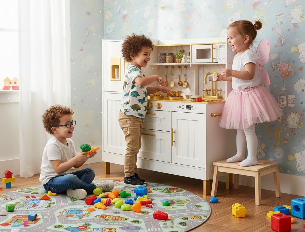 Leomark Kinderküche aus Holz Große Gold Spielküche Holzküche mit Zubehör Spielzeugküche für Kinder Küchenspielzeug ab 3 Jahren Spielspaß für Jungen und Mädchen Küchenset